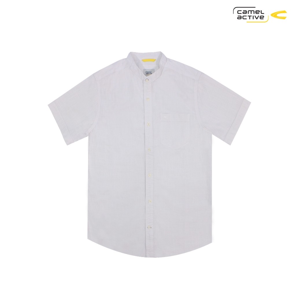 camel active Men's White Cotton Slub Henley Short Sleeve Shirt- kemeja koko