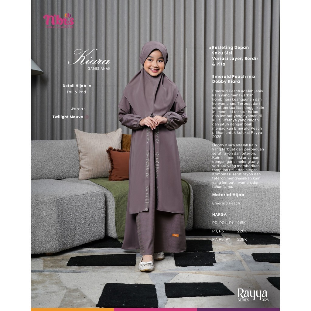 NBRS Kiara Twilight Mauve Setelan Gamis Anak Perempuan Lengkap Jilbab Nibras