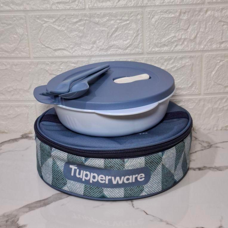 Tupperware Crystalwave Lunch Set Denim Tempat Bekal dengan Tas Kotak Bekal dan Sendok Garpu untuk Ke
