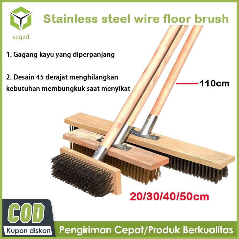 Szgzd Sikat lantai rumah tangga Sikat kawat baja tahan karat 20/30/40/50cm sikat gagang kayu panjang