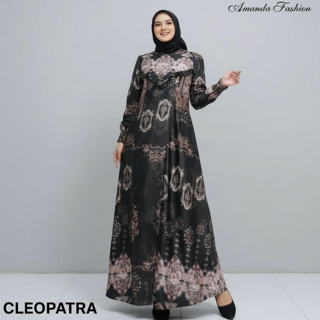 Gamis Amanda Cleopatra Bahan Silky Printing Motif Cantik Rompi Kanan Kiri MOTIF BUNGA RANDOM (Free P