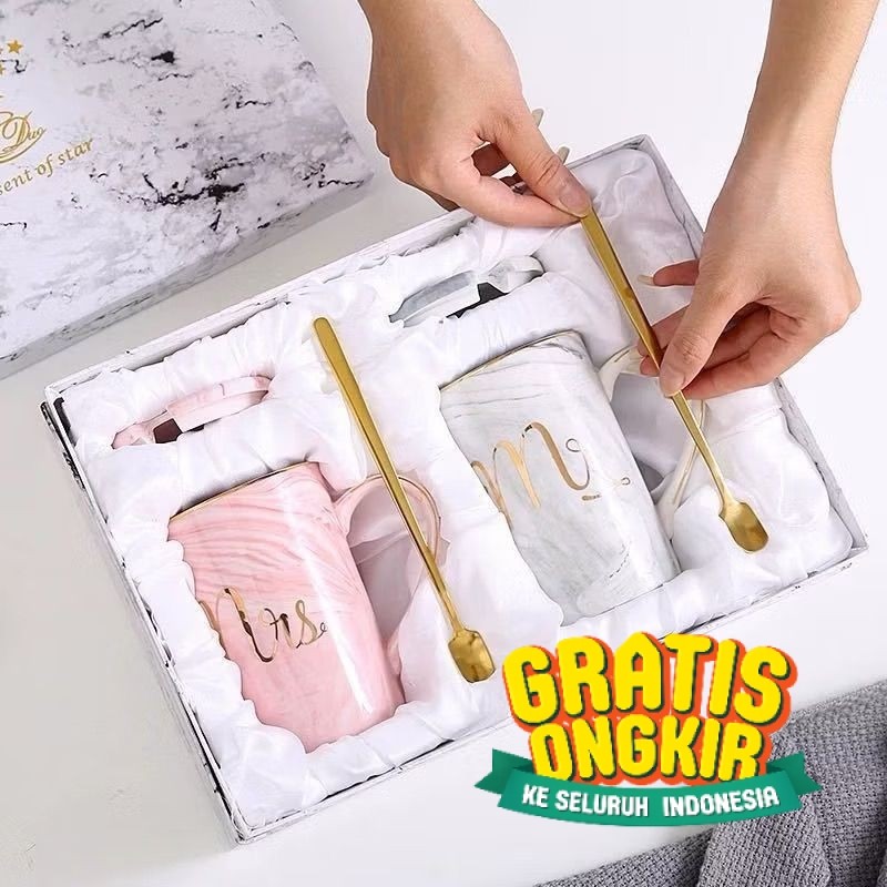 Gelas Marbel Keramik | Couple Gift Set Gelas Keramik Hampers Souvenir Mug Cangkir Cantik Parsel Leba