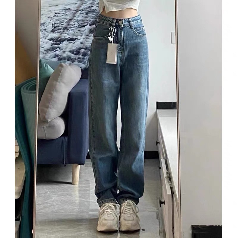 Celana jeans high waist wanita korean style Jeans baggy pants Serbaguna Kasual Biru Retro - By YOYO
