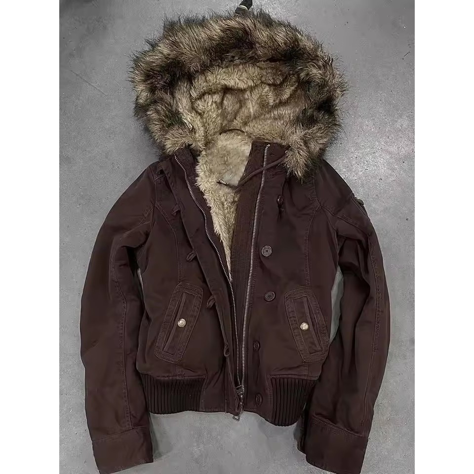 Y2K Fur Lined Bomber Jacket American Vintage Womens Brown Hooded Coat with Faux Fur Trim and Ribbed 
