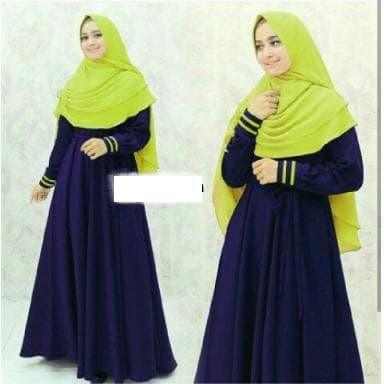4634 gamis muslimah busui maxi dress navy kerudung hijau pupus stabilo