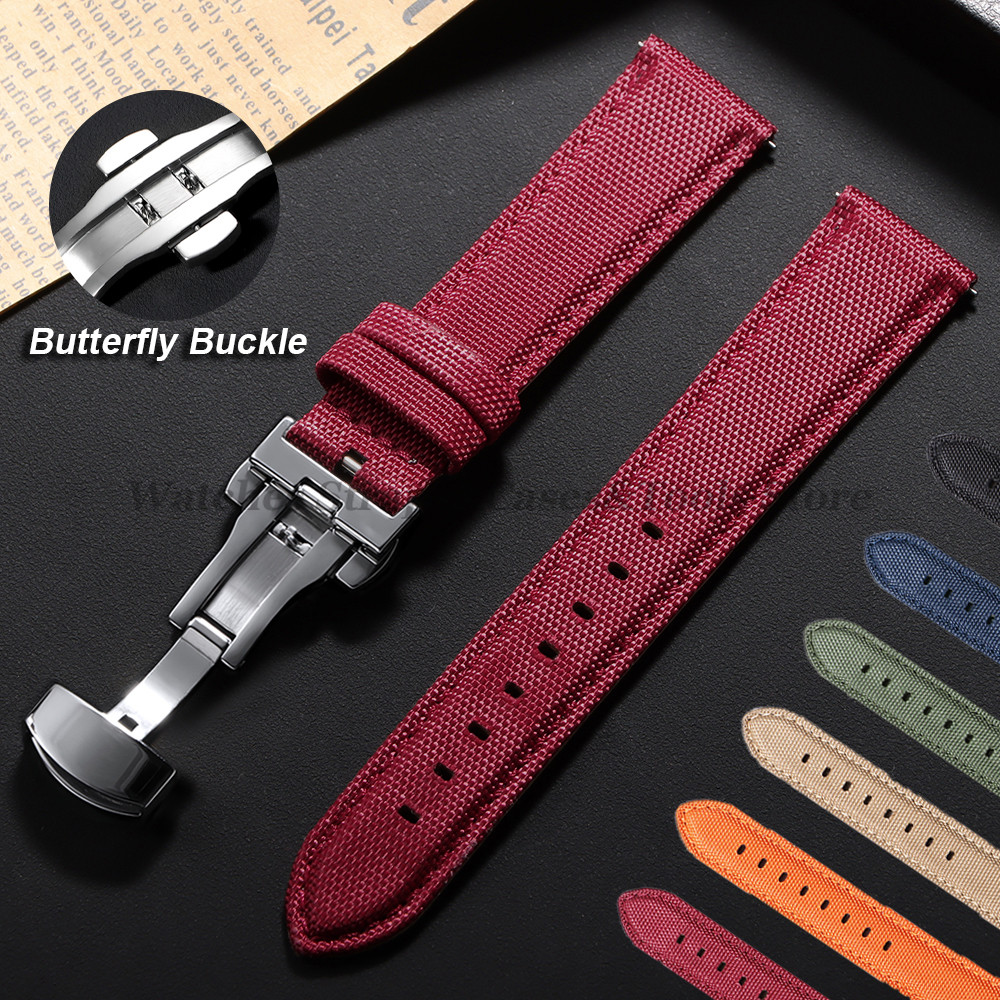 Tali Jam Tangan Sailcloth 20mm 22mm untuk Omega dan Seiko, untuk Pria Wanita, Gesper Kupu-kupu, Nilo