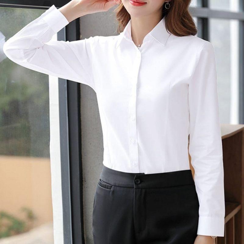 BAJU KEMEJA WANITA  POLOS CASUAL PUTIH LENGAN PANJANG
