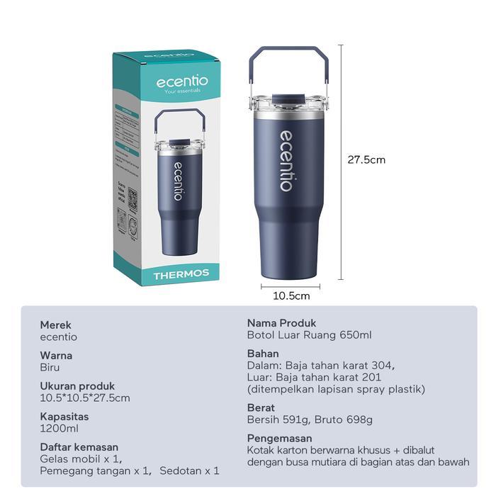 ecentio botol minum stainless steel 1200ML Termos tahan panas dingin 24 jam Kapasitas besar Outdoor 