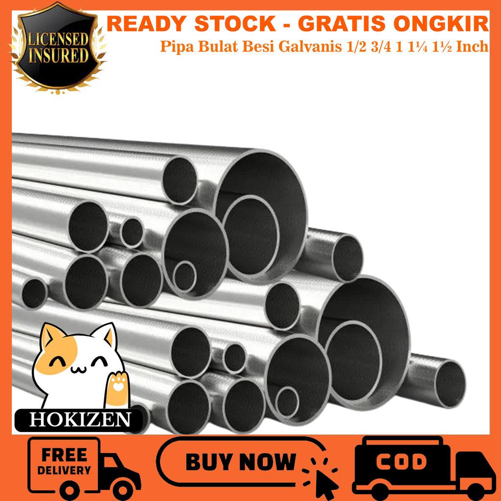 [Instant] Galvaniz Besi Bulat Pipa 1/2 3/4 1 1¼ 1½ Inch Tebal 2 Mm Galvanis Silver Lurus Pipih Mulus