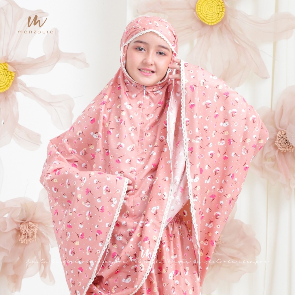 Manzoura - Mukena Anak Tanggung Katun Micro Motif Bunga Mukenah Usia 6 -13 Tahun
