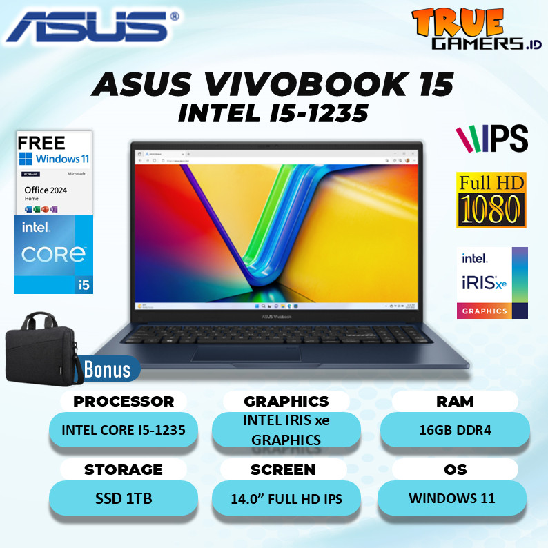 Laptop Asus Vivobook 15 Core i5-1235 16GB 1TB SSD Windows 11 + Office 15.6Inch FHD IPS