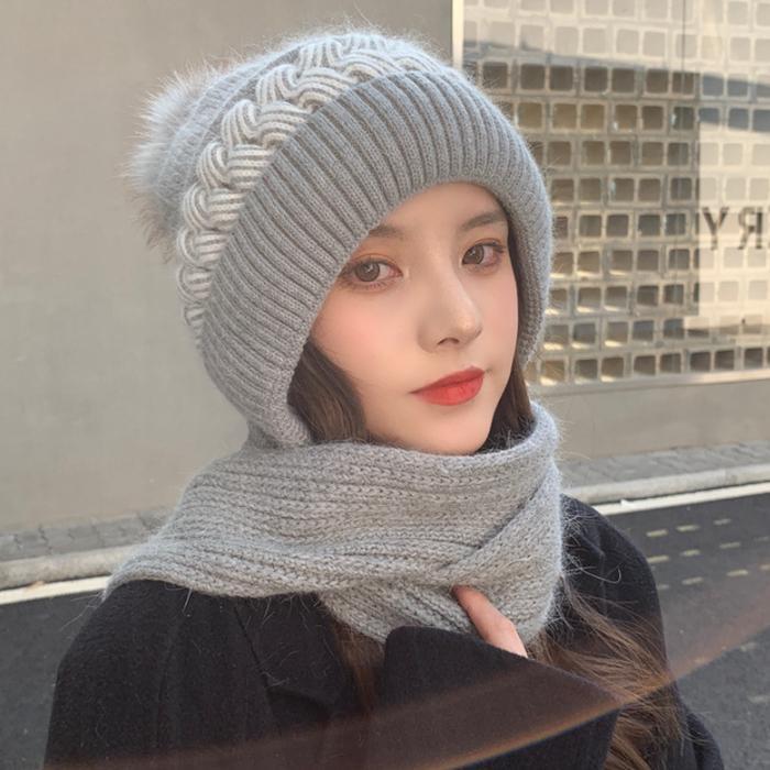 Topi Kupluk Syal Wanita Musim Dingin Bisa Jadi Hijab - Abu Motif