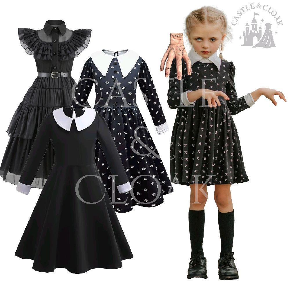 Kostum Dress Black Gothic Lengan Panjang Horor Braids Style Anak Perempuan Tangan Halloween Cosplay 