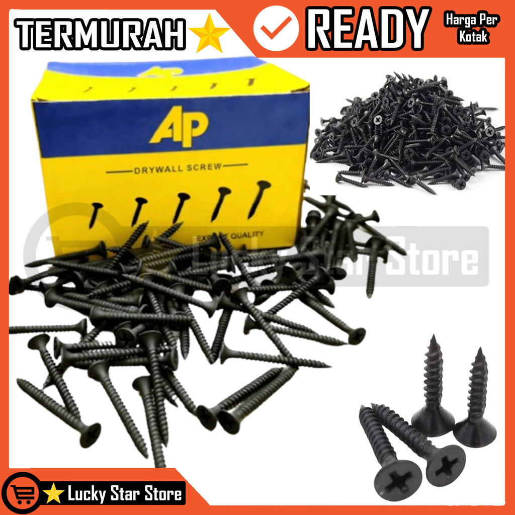 AP Sekrup Gypsum Drywall Screw Hitam 6 x 1, 6 x 1 1/4, 6 x 2 Inch Per Kotak Skrup Sekerup Scrup Baut