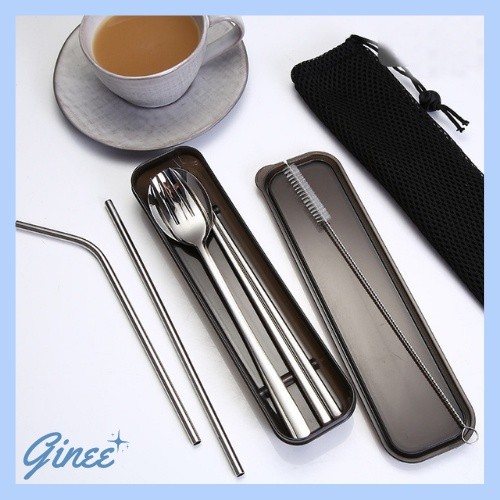 (COD) Termurah Paket Alat Makan Minum Sujeo Korea Hitam [7IN1]/Sendok Garpu Sumpit Pipih Sedotan Suj