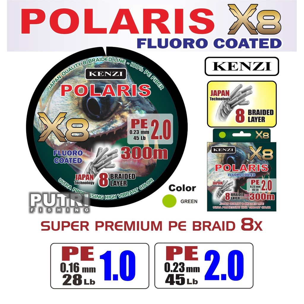 PE KENZI POLARIS X8 300m | Super Premium PE Braid Senar Pancing Fluoro Coated | 8 Braided Layer | Ja