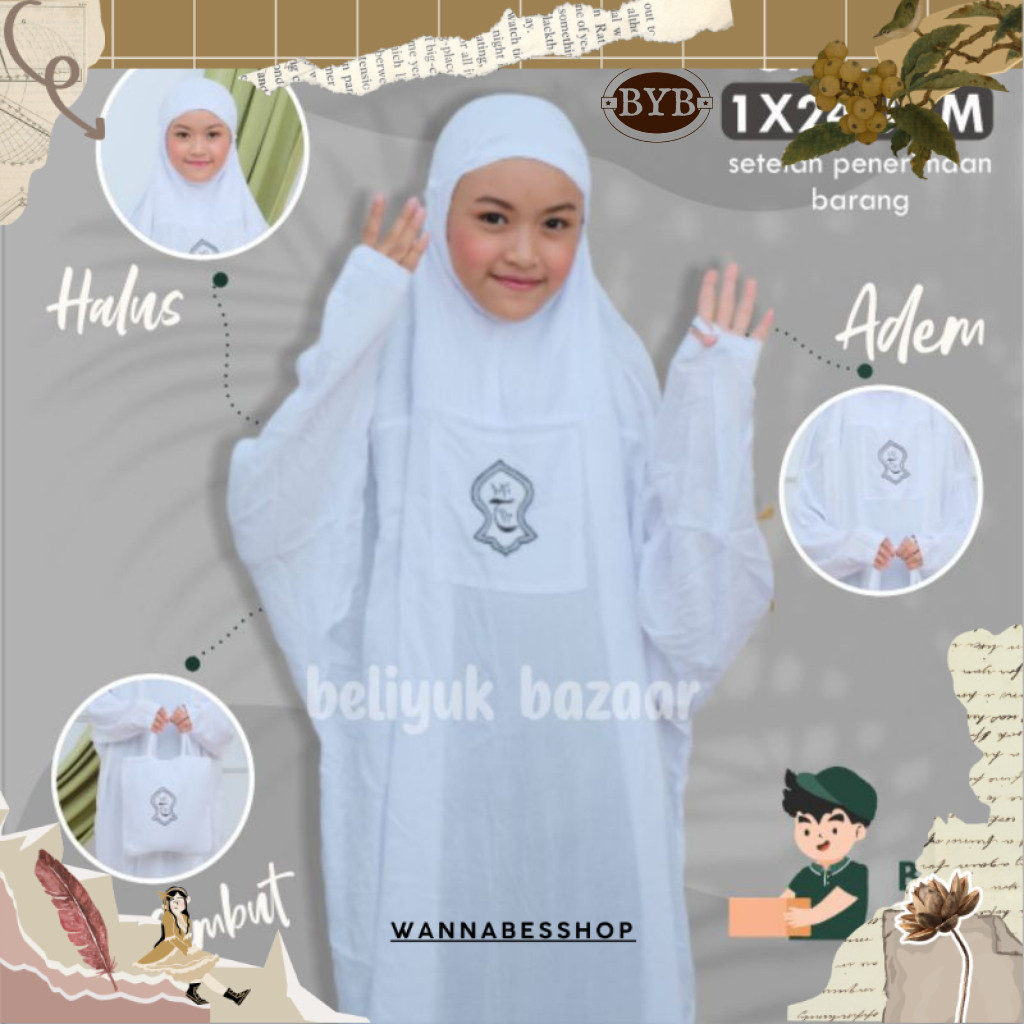 Mukena Anak Remaja Hadramaut Terusan Bali Terompah Polosan Warna Mukenah  Jumbo Rayon 5 Warna Putih 
