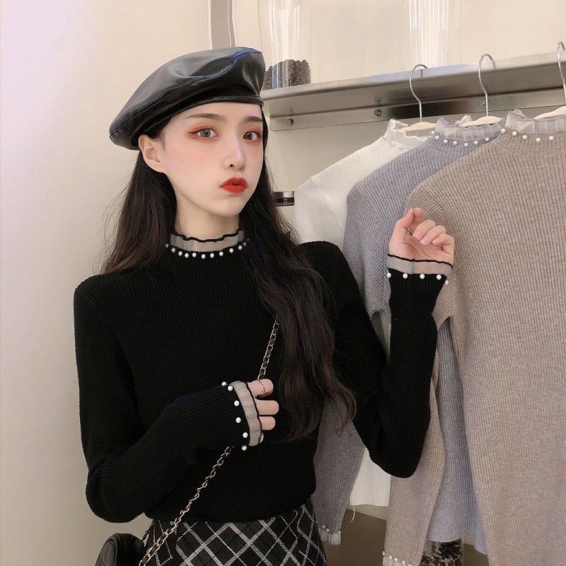 Atasan Rajut Wanita Lengan Panjang, Model Renda Gabung Desain Unik, Ketat Pas Badan