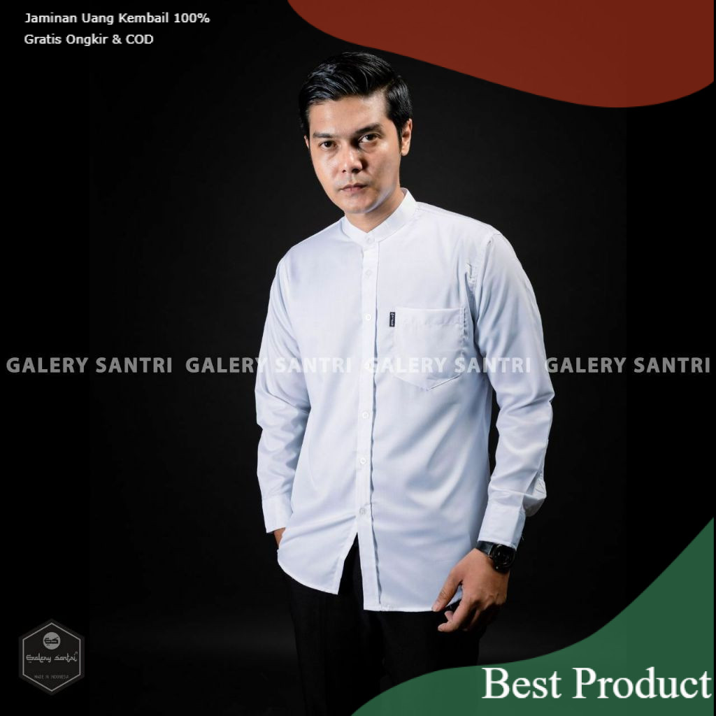 Baju koko Kemeja Sanghai Katun Songket Putih Polos Pria Dewasa Lengan Panjang  - Baju koko putih pol