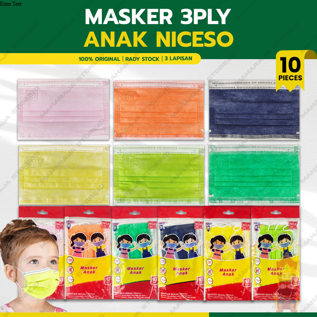 Masker Anak Medis 3Ply NICESO Isi 10Pcs Warna Warni 3 Ply Earloop Surgical Mask Kemenkes