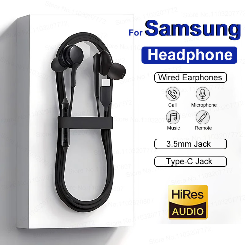 Type C Wired Earphone For Samsung Galaxy S25 S24 S23 Ultra Plus 3.5mm Earbuds Headphones For A55 A54