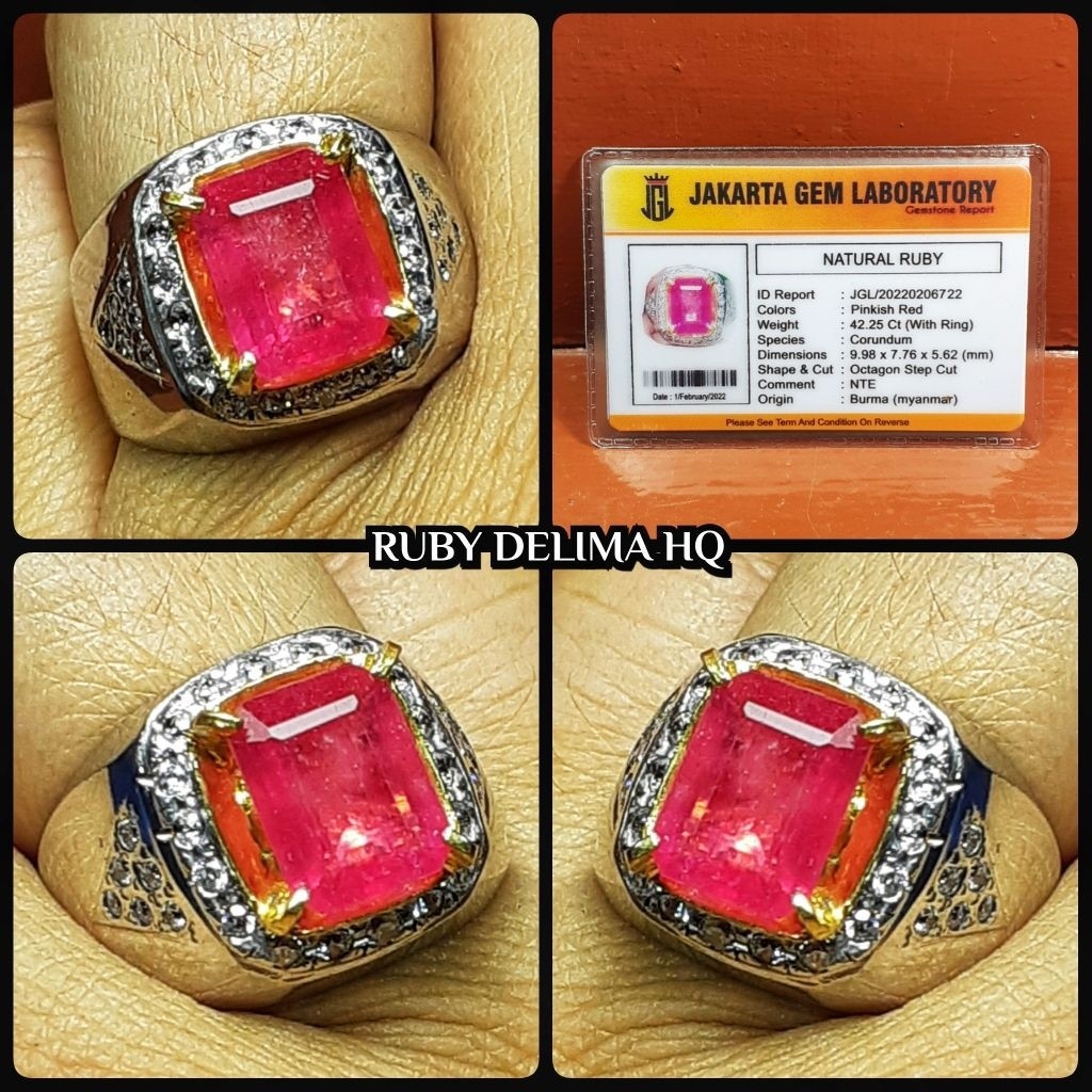 Natural Permata Ruby Burma Delima + Ring Perak Silver