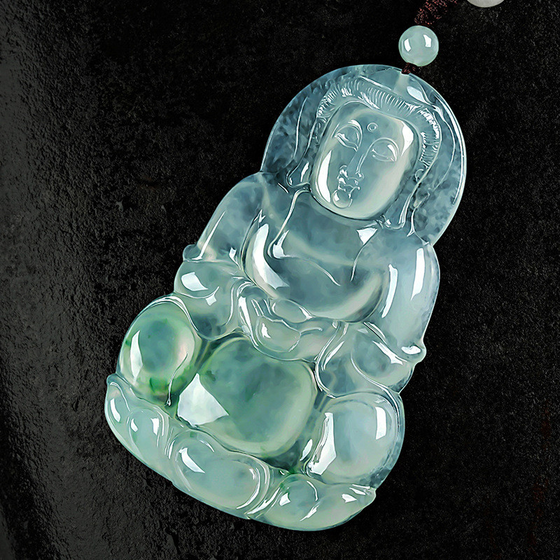 Liontin Guanyin Jadeite untuk Pria Jade Es dengan Pola Bunga Jadeite Alami Perhiasan Kelas A dengan 