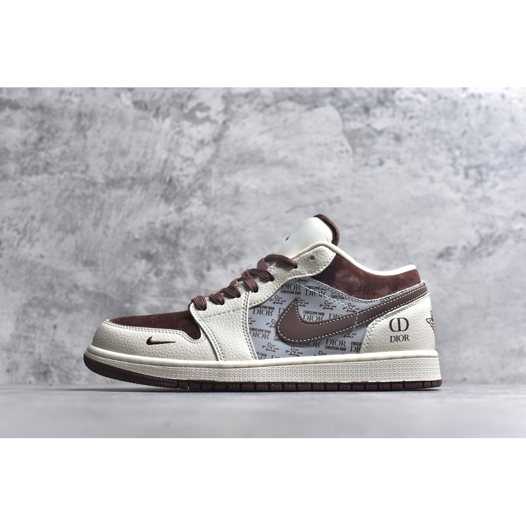 N1K3 A1r J0rdan 1 Low AJ1 "D10R Joint---Milk White Grey Brown" Sepatu Basket Retro Low-top Kustom Ke