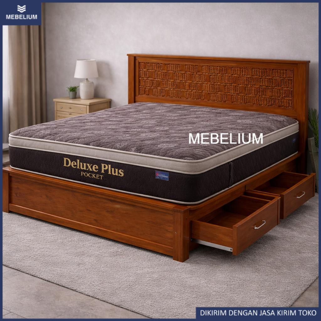 Dipan Jati Ukir Bale Premium Laci | Tempat Tidur Kayu Solid Klasik | Ranjang Platform Kayu Jati Soli