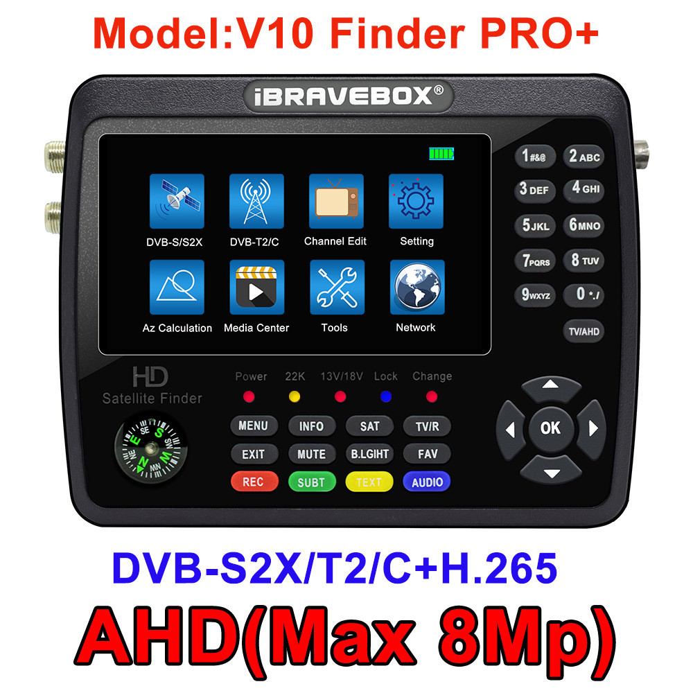 iBRAVEBOX V10 Finder Pro+ Satellite Finder Meter DVB-S/S2/S2X/T/T2/C/H.265+AHD(8MP) 4.3in PK V8 Find
