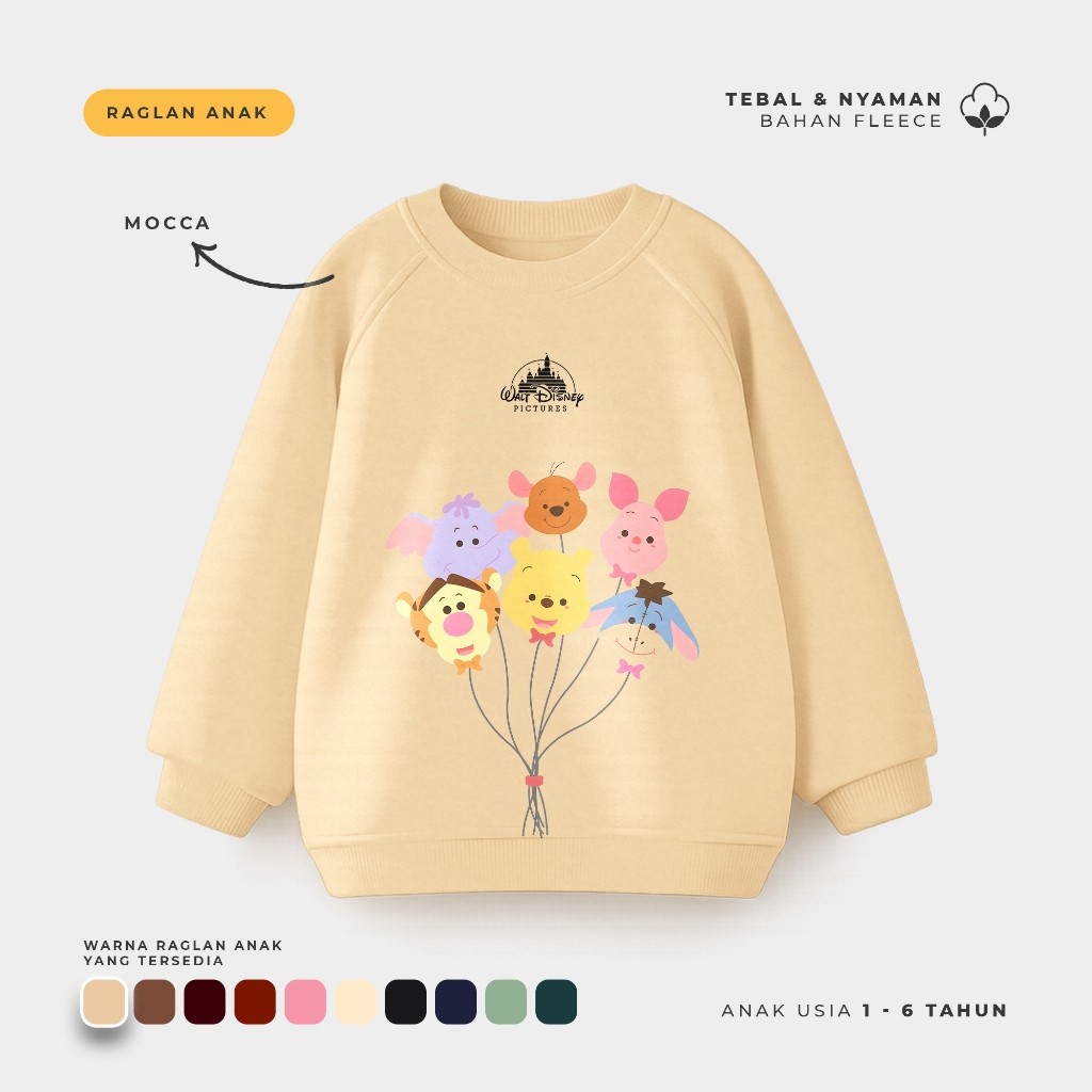 Sweater Anak Crewneck Oversize Anak Model Raglan Disney Character Ballon Usia 1-6thn Kids Fashion Ho