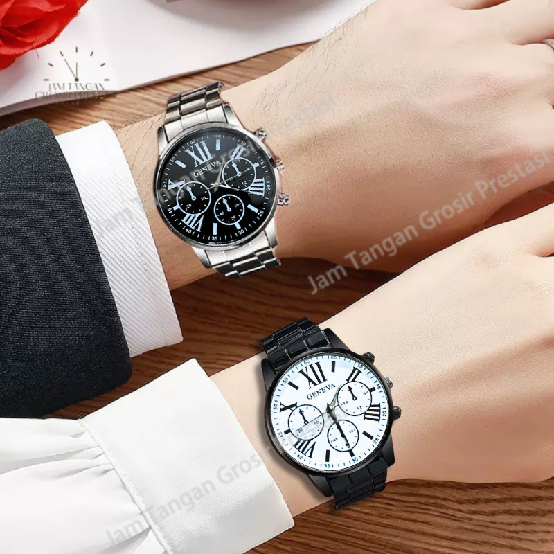 Pasangan-Jam Tangan Pria Wanita Rantai Analog Desain Klasik Sederhana Angka Romawi