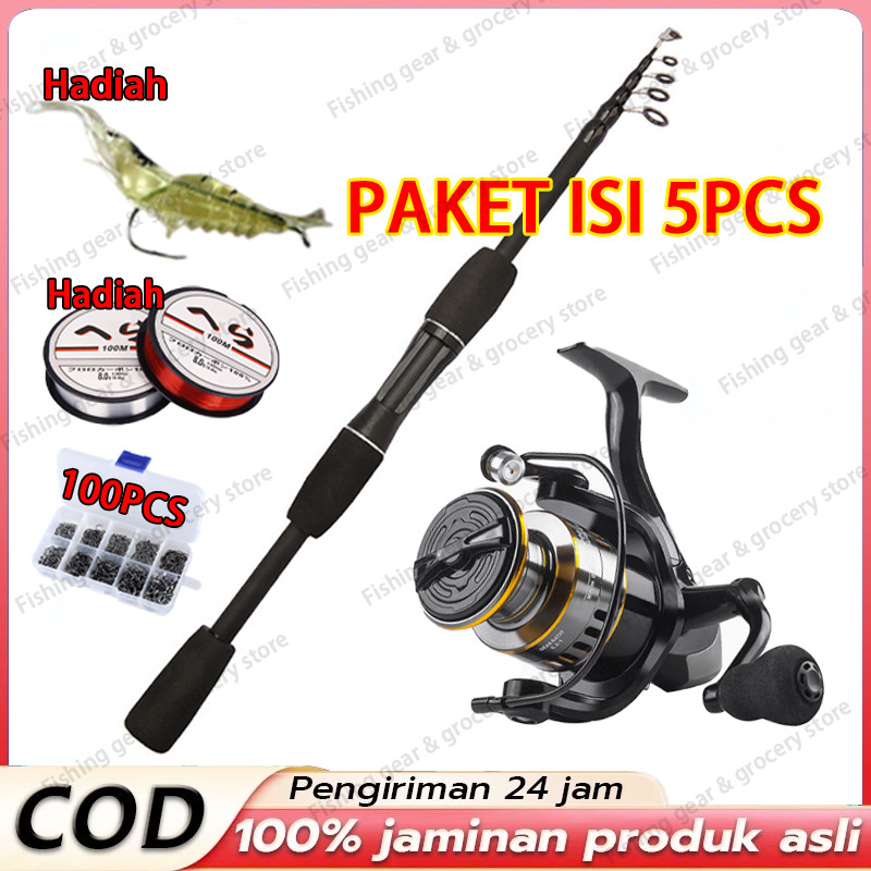 Joran Pancing 1.65-2.4M 5PCS Full Set Lengkap Anti Patah Kuat Bonus Reel & Aksesoris Alat Memancing 