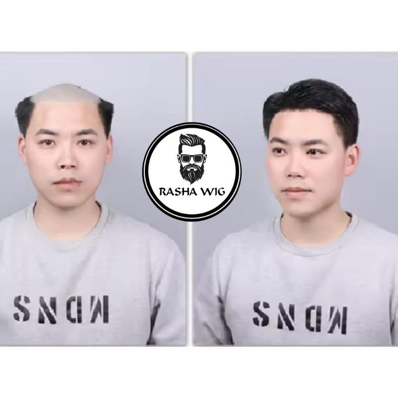 Wig Toupee Pria Rambut Pendek Warna Hitam Natural Tanpa Poni