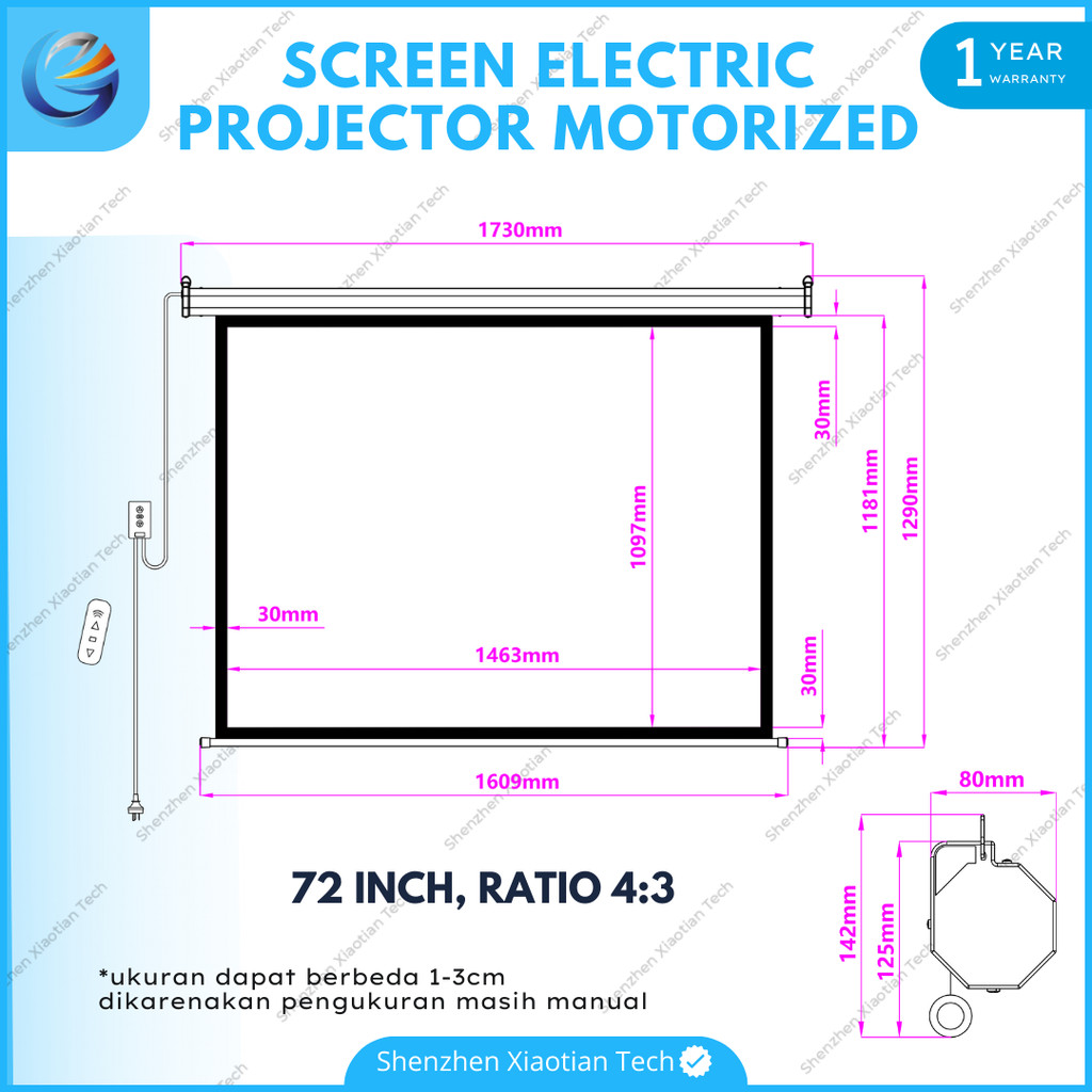 Layar Proyektor Motorized 72 Inch Ratio 16:9, 4:3  | Layar Proyektor Elektrik | Layar Projector Otom