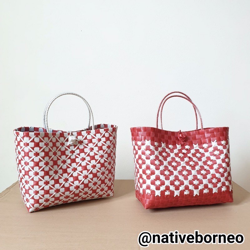 Marla Bag (merah) [L067] - Tas Anyaman Plastik Merah, Tas Hampers Imlek, Tas Parcel Natal, Tas Etnik