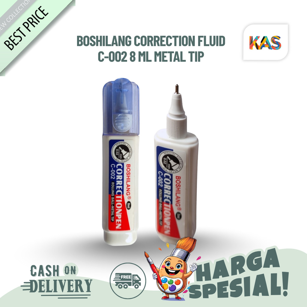 Correction Fluid Boshilang C-002 Metal Tip 8 ML / Tip Ex Cair Boshilang 8 ML Multi Purpose & Quick D