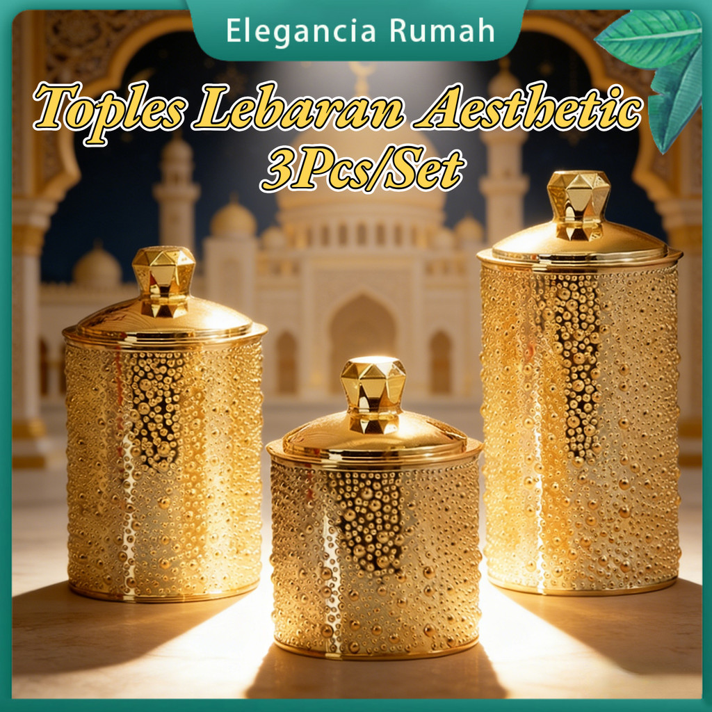 3pcs/set Toples Gold Mewah / Jar Toples Plastik Penyimpanan Kue / Toples Kedap Udara / Toples Lebara