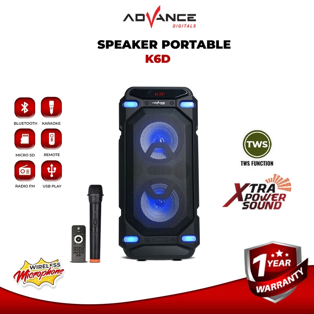 Advance K6D Speaker Bluetooth Hifi Karaoke Wireless Portable Super Bass Aktif BONUS Mic Wireless