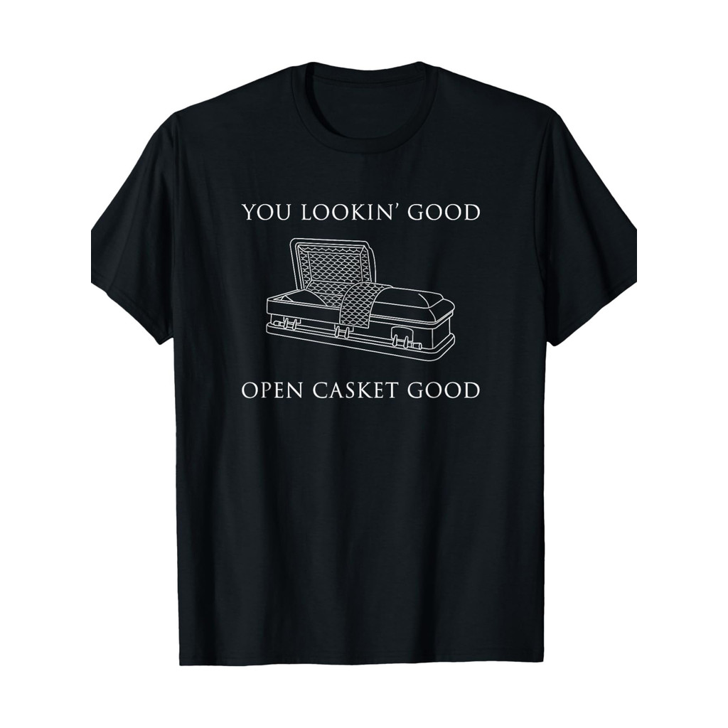 Kaos Katun Kasual Pria - Motif Humor Tukang Mayat 'You Lookin' Good Open Casket', Lengan Pendek, Rin