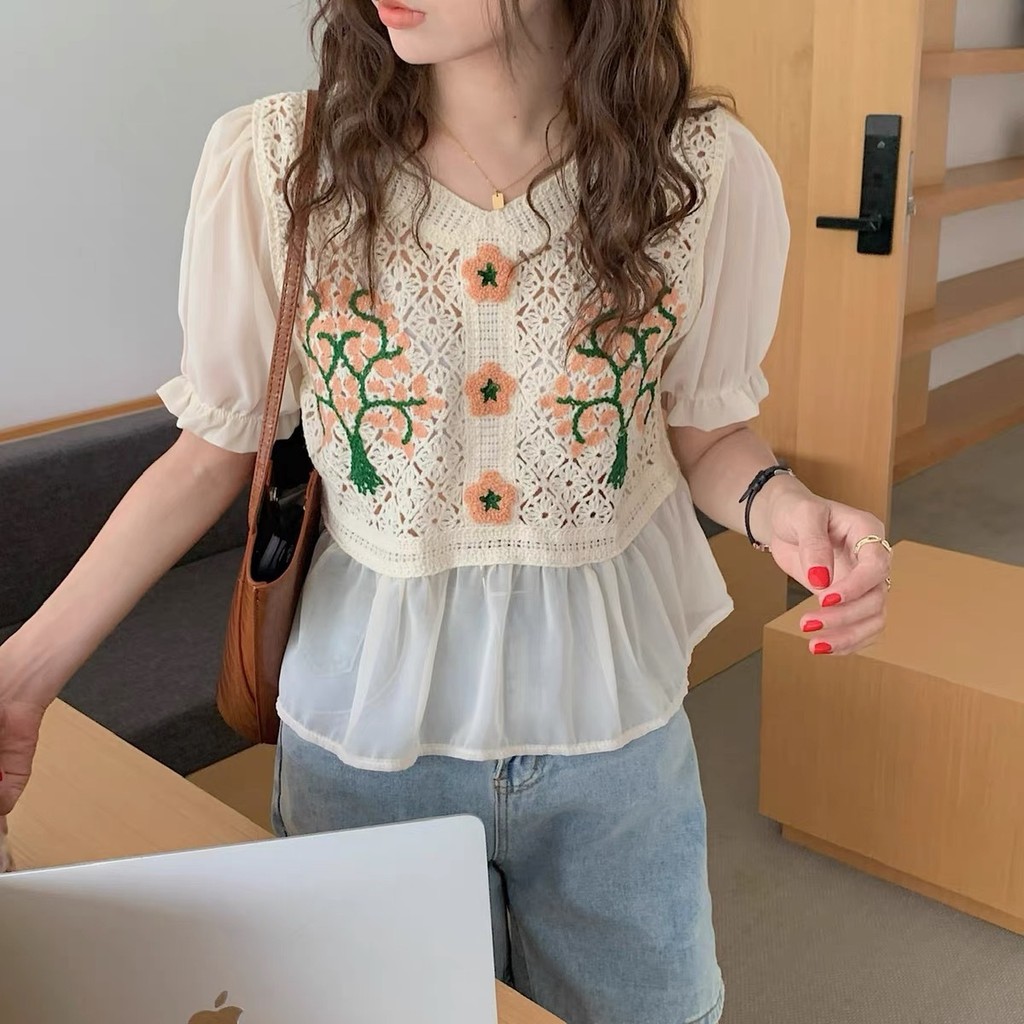 Blus Chiffon Lengan Pendek Rajut Berongga Unik Blus Kecil Lengan Puff