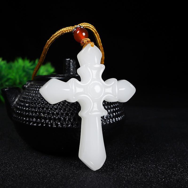 kalung liontin natural batu jade giok putih ukiran lambang Salib uk +- 49 x 38 x 7mm bisa juga sebag