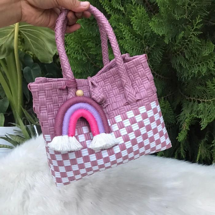 [FREE PELANGI] Tas Anyaman Plastik Jali Premium Tas Wanita Tote Bag Mini Totebag Wanita - Nude-Putih