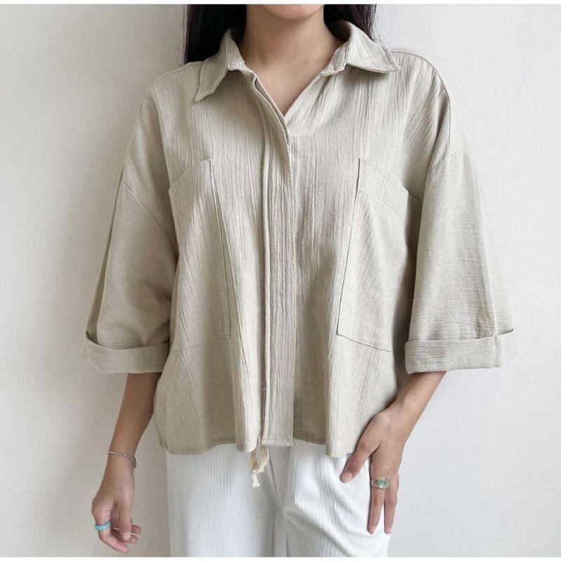 Zavila Shirt Rayon Crinkle - Cozie Top Kemeja Linen - Blouse Wanita Korean Style Bahan Linen Crinkle