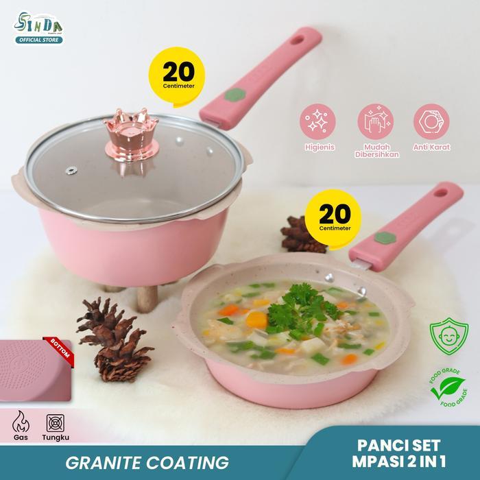 SINDA (COD) Panci Sakura Mpasi Set 2Pcs Alumunium Coating Granite Marbel - Peralatan Panci Bayi Warn