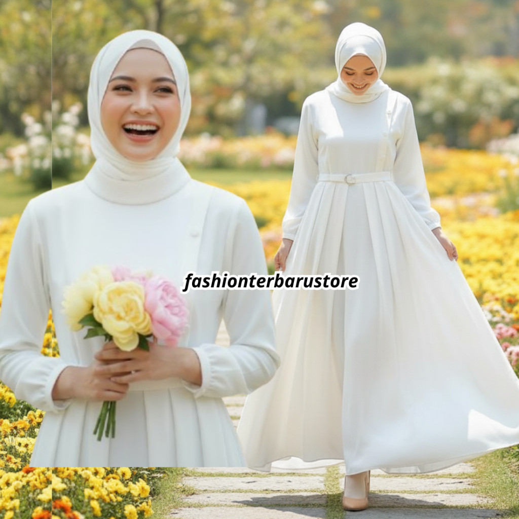 NEW Gamis Wanita Terbaru 2025 Putih Polos Simpel Modern Remaja Dress Crinkle Muslimah Kekinian
