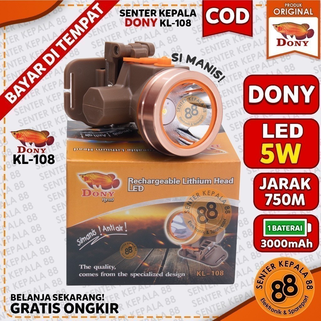 DONY Senter kepala Cas DONY KL 108 Si Manis Anti air 5 WATT 5W LED MURAH Water Proof Tahan Air