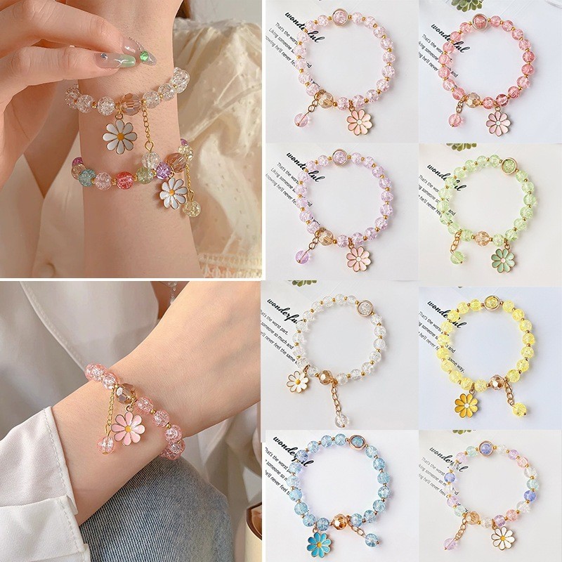 •KEDAI SALSA• GL2029 Gelang Karet Aesthetic Daisy Rumbai Bunga Kristal Wanita Manik Colourfull Korea