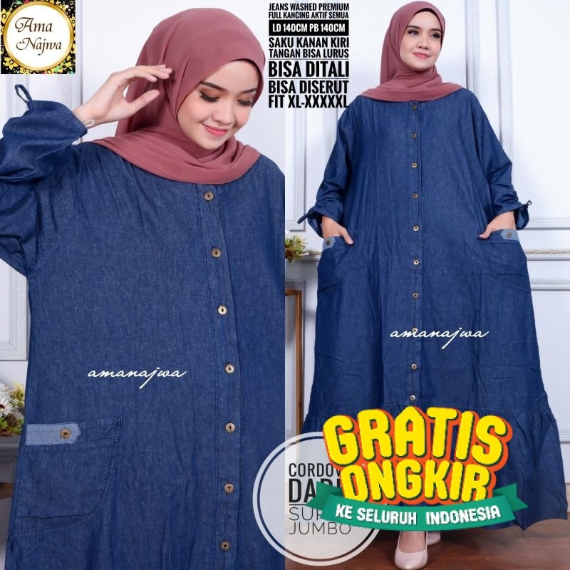 LD 140 Baju Gamis Jeans Washed Jumbo XXXXXL CORDOVA SUPER JUMBO- pakaian wanita lainnya