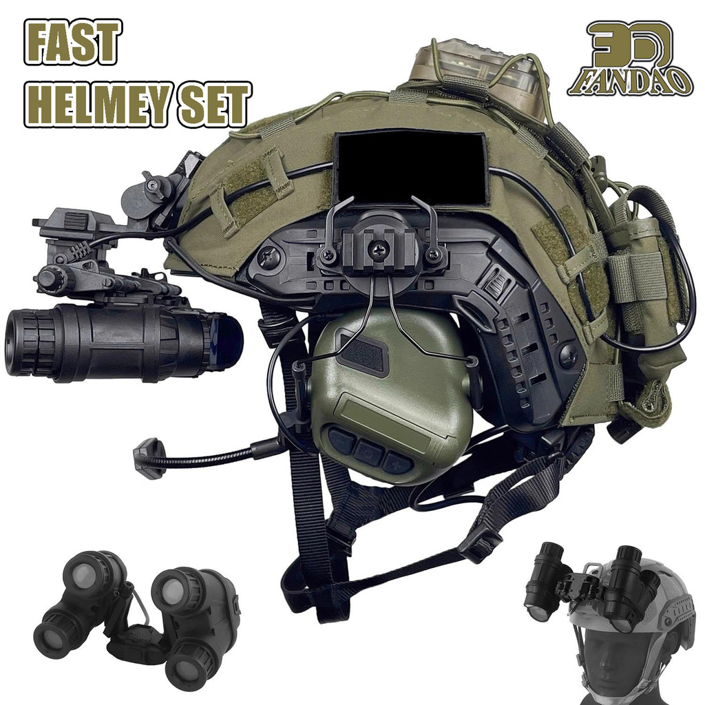 Tactical Airsoft Helmet Camo Cover Set - PJ Fast Helmet with Headset, GPNVG-18, L4G24 NVG Mount Sign